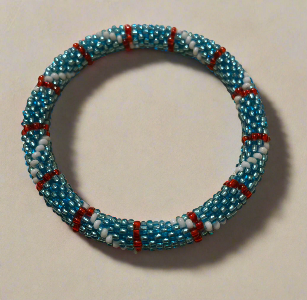Bracelet Handmade crocheted glass beads size 7.5” red white blue