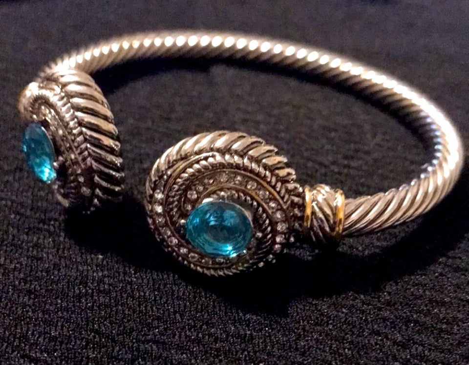 Bracelet CZ and aquamarine stone two tone stainless steel bangle