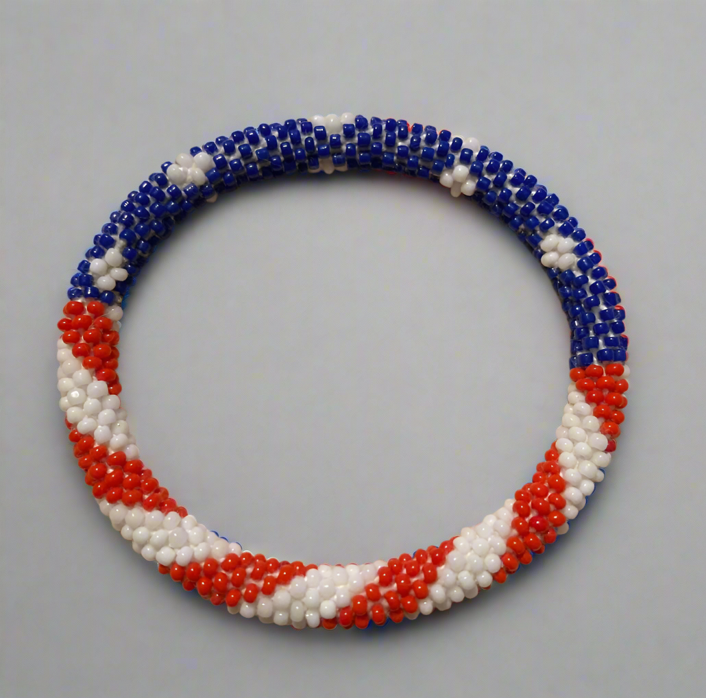 Bracelet Handmade crocheted glass beads size 7.5” red white and blue