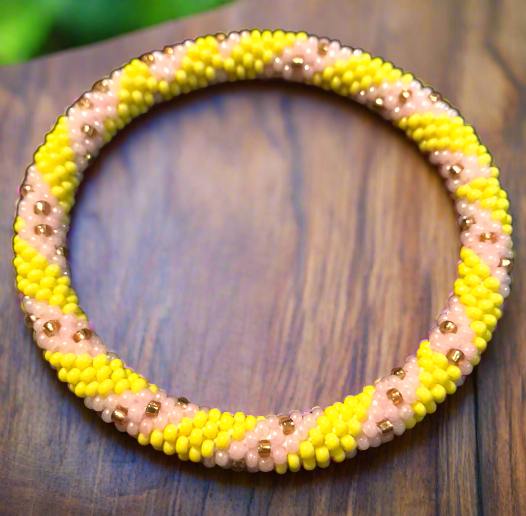 Bracelet Handmade crocheted glass beads size 7.5” yellow and pink