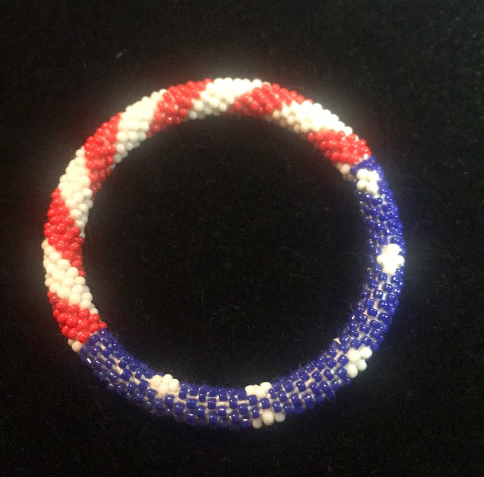 Bracelet Handmade crocheted glass beads size 7.5” red white and blue