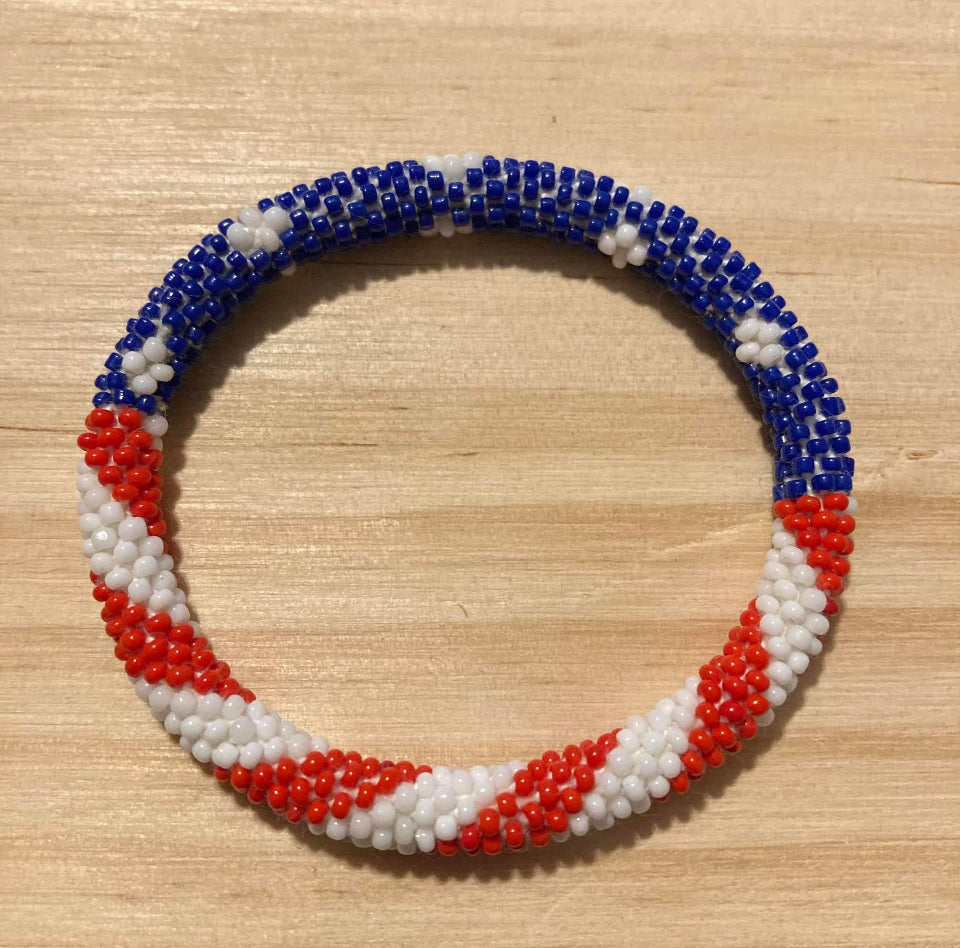 Bracelet Handmade crocheted glass beads size 7.5” red white and blue