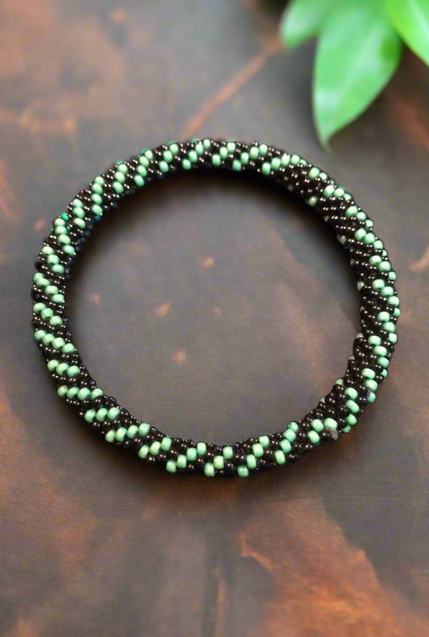 Bracelet Handmade crocheted glass beads size 7.5” by Sashka green and black