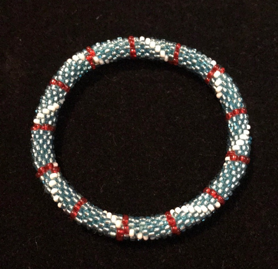 Bracelet Handmade crocheted glass beads size 7.5” red white blue